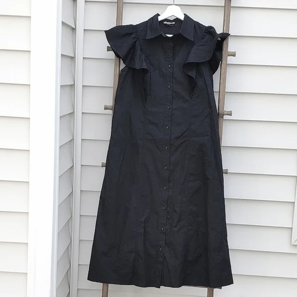 &Merci Black Ruffle-Sleeve Button-Down Midi Dress Size S - Picture 2 of 6